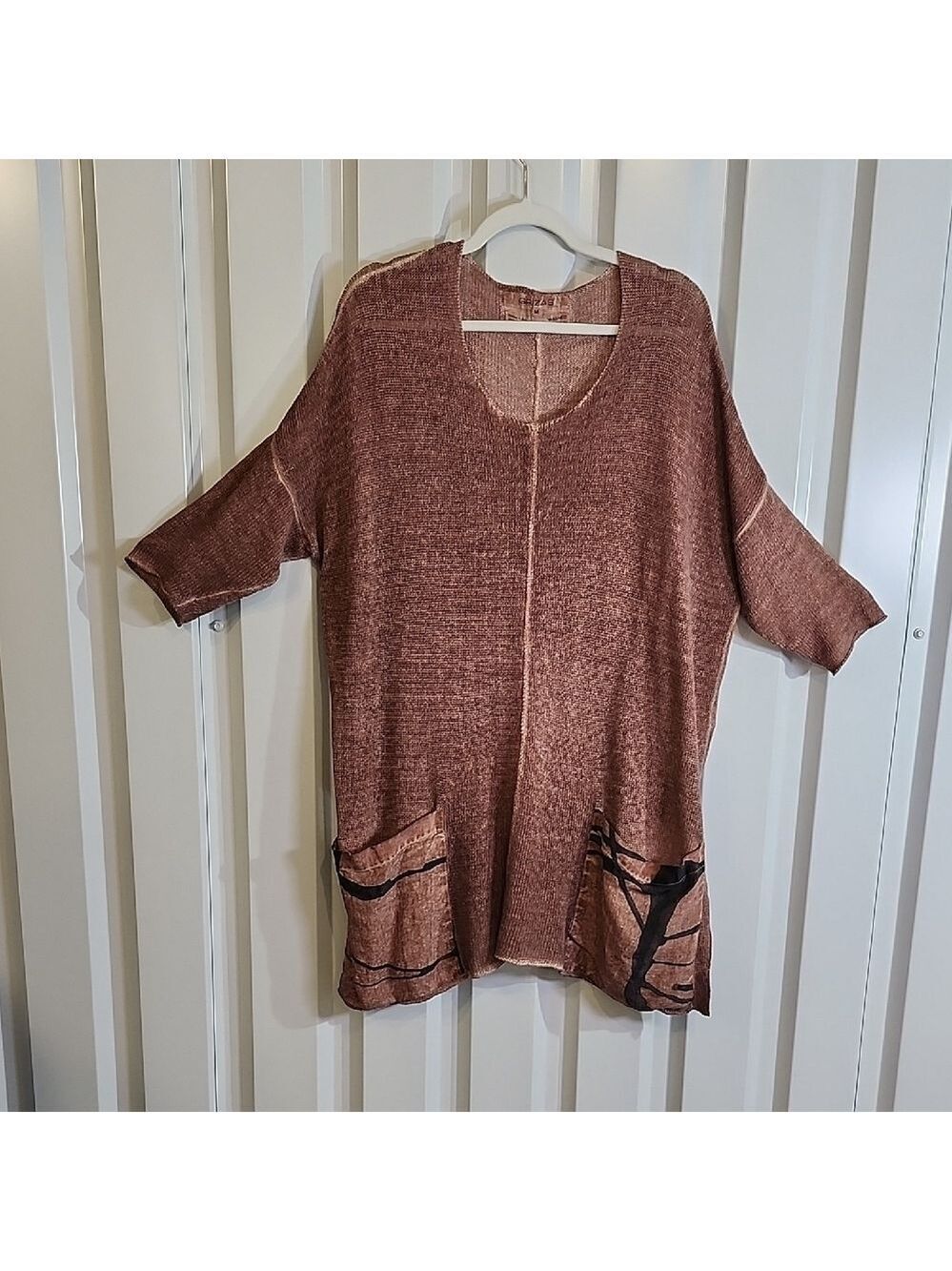 Grizas Women's Brown Knit Linen Tunic Artistic Pockets Size Medium Art to wear